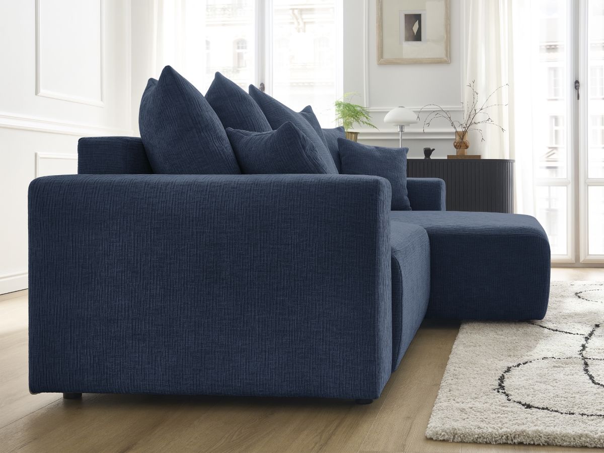 Bobochic Atilla Ecksofa mit Schlaffunktion und Bettkasten Strukturstoff Dunkelblau Ecke rechts