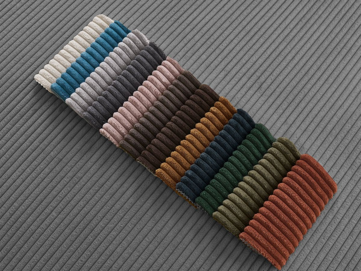Bobochic Atilla Ecksofa mit Schlaffunktion und Bettkasten und Pouf Cordsamt Dunkelgrau Ecke rechts