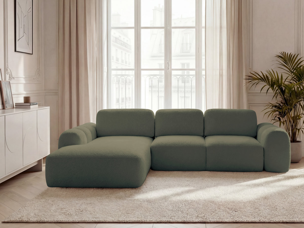 Bobochic Montaigne Ecksofa mit Schlaffunktion und Bettkasten 288 × 196 cm Bouclé-Stoff Grün Ecke links