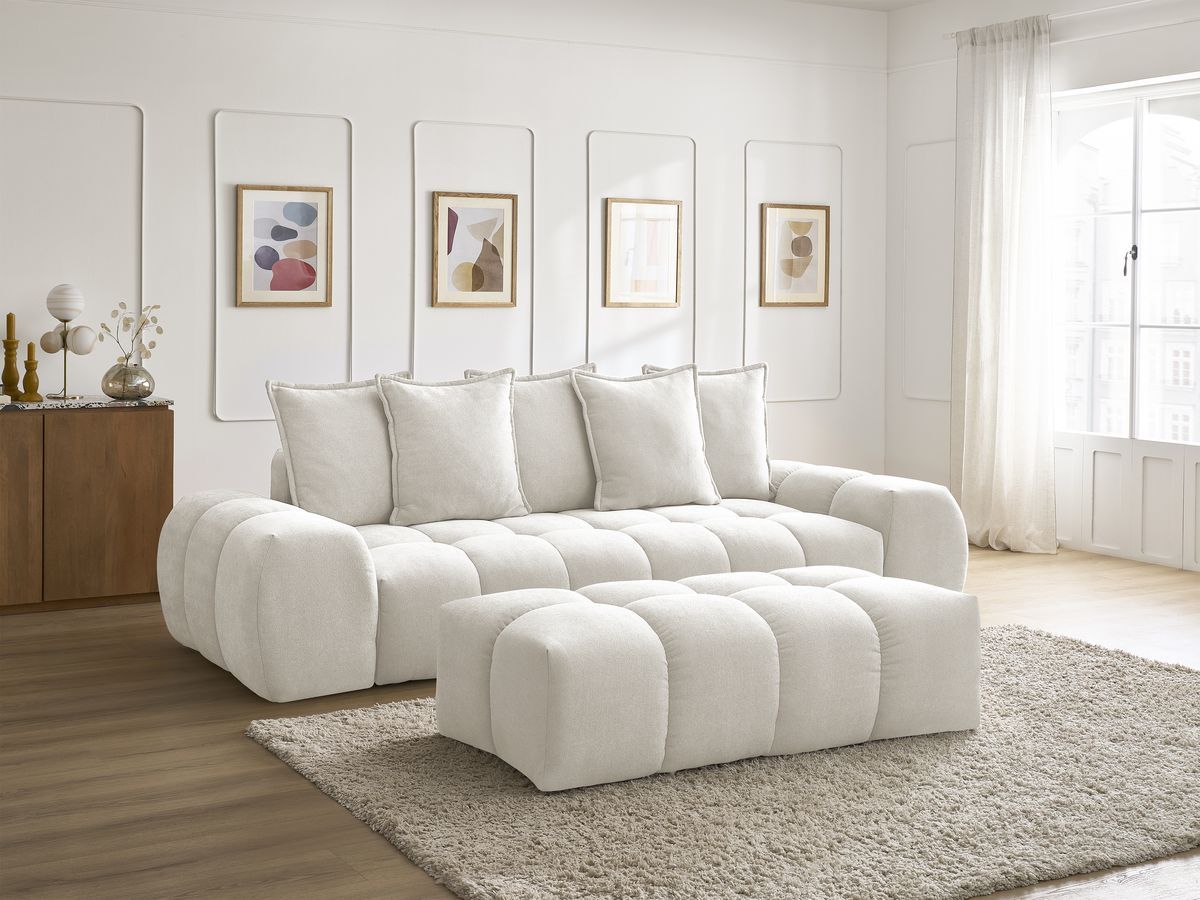 Bobochic Everest Sofa 3-Sitzer mit Pouf, 5 Kissen Strukturstoff Weiß