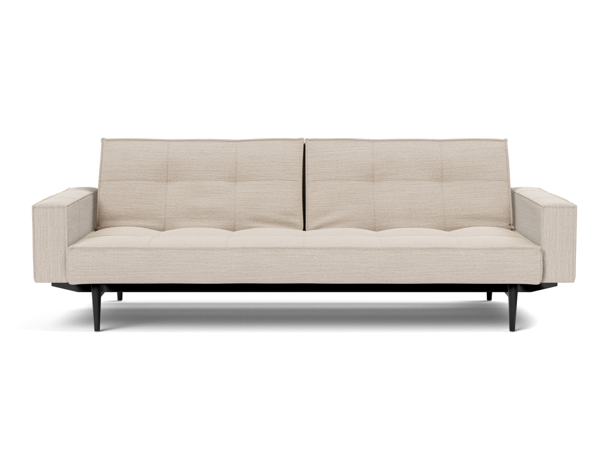 Schlafsofa Splitback mit Armlehnen Webstoff Blida 612-Sand-Grey Beine Styletto Eiche schwarz