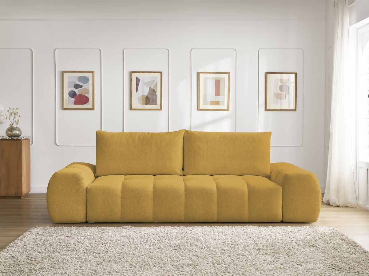 Bobochic Everest Schlafsofa 3-Sitzer mit Bettkasten, 2 Kissen Melange-Stoff Gelb