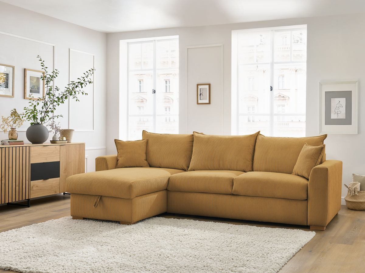 Bobochic Augustin Ecksofa mit Schlaffunktion und Bettkasten Cordsamt Gelb, Liegefläche 140 × 200 cm