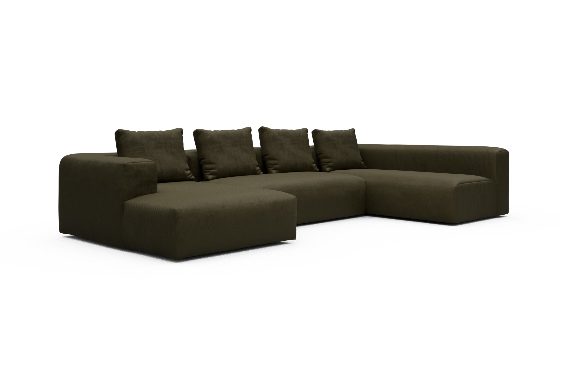 Wohnlandschaft Fred Chaiselongue links mit 2-Sitzer und lange Armlehne rechts Cordufine-Pine-Green