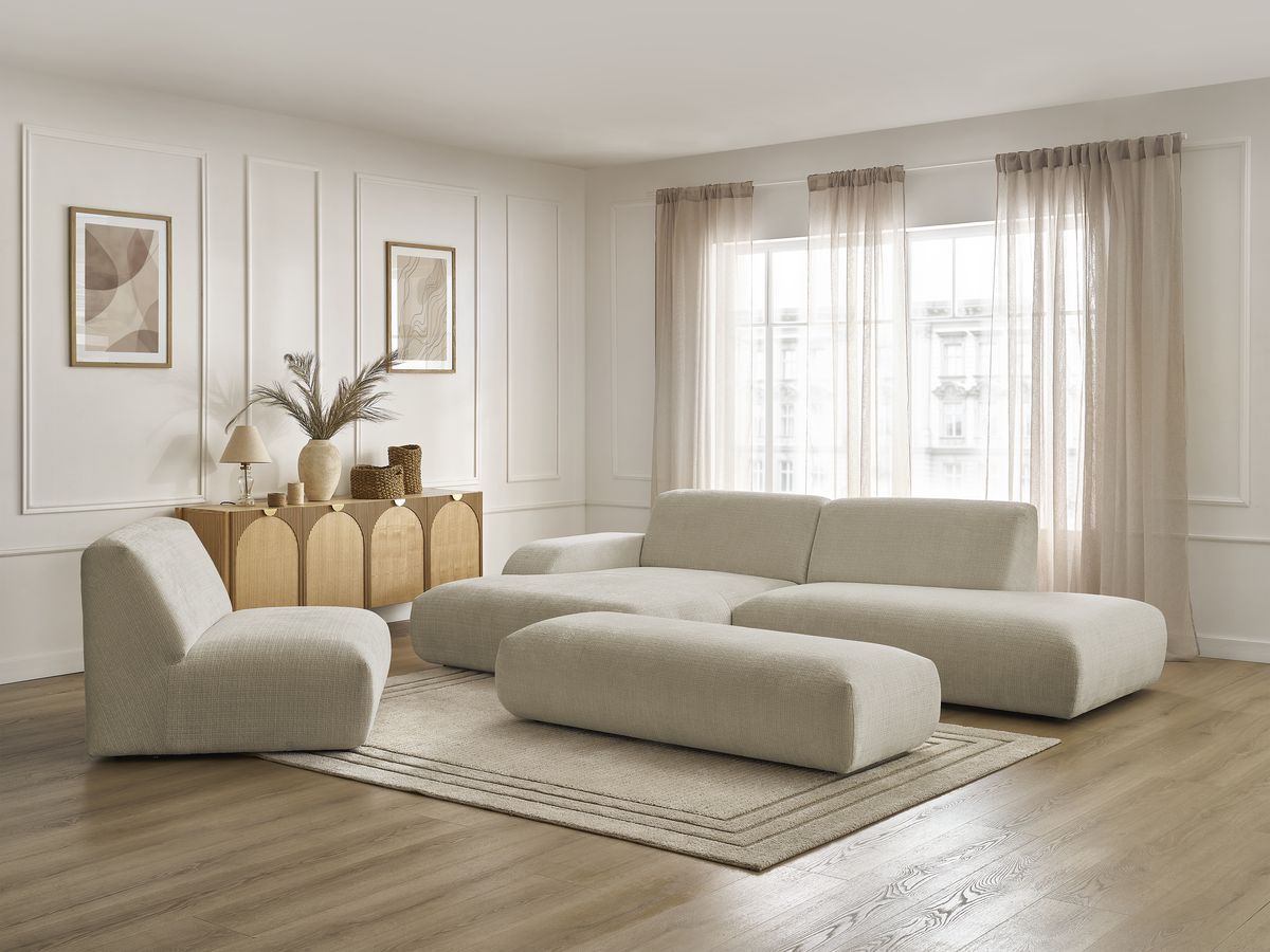 Bobochic Sirius Ecksofa mit Pouf 405 × 170 cm Strukturstoff Beige Ecke links