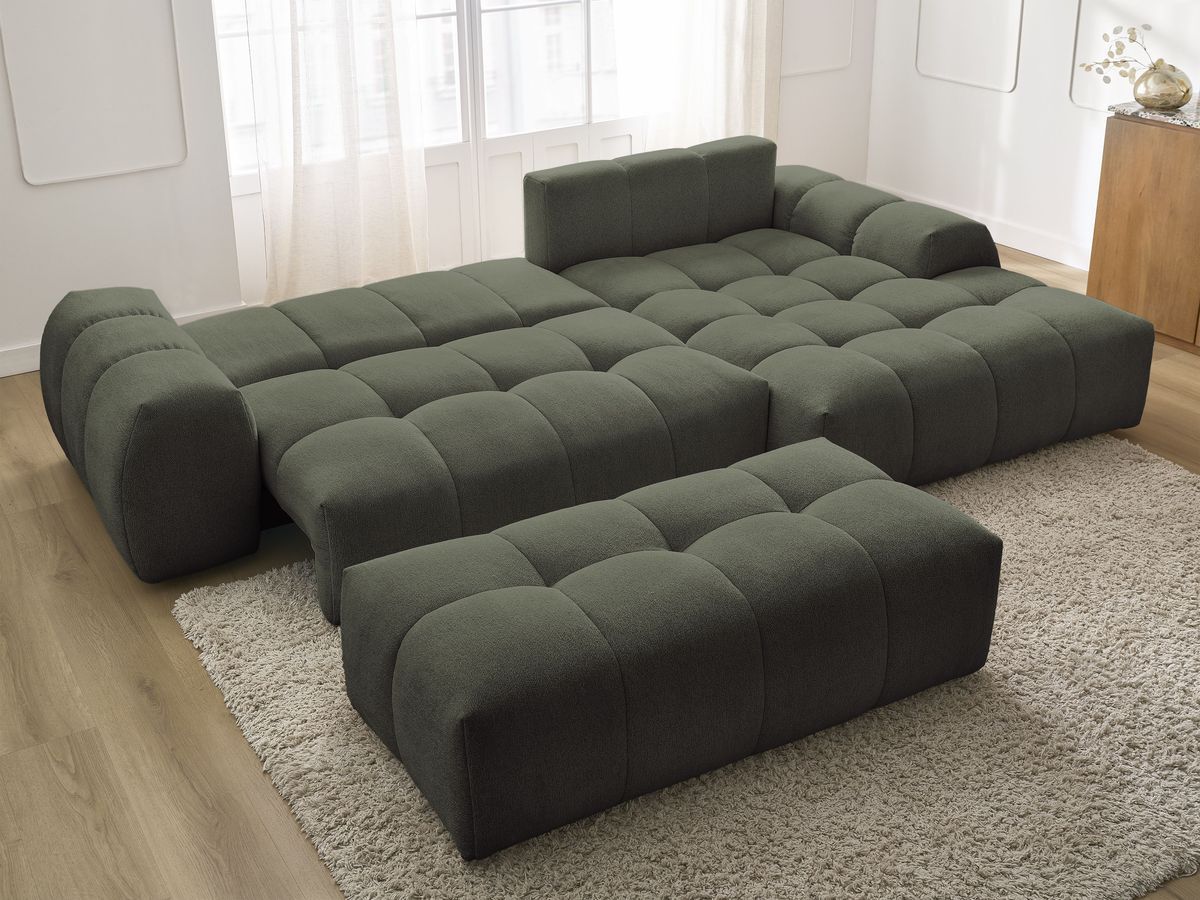 Bobochic Everest Ecksofa mit Schlaffunktion und Bettkasten und Pouf 318 × 180 cm, 3 Kissen Melange-Stoff Grün Ecke rechts