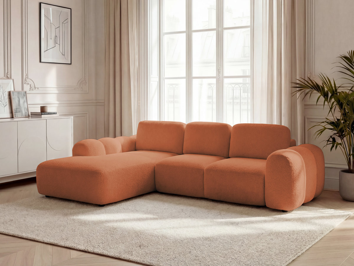 Bobochic Montaigne Ecksofa mit Schlaffunktion und Bettkasten 288 × 196 cm Bouclé-Stoff Orange Ecke links
