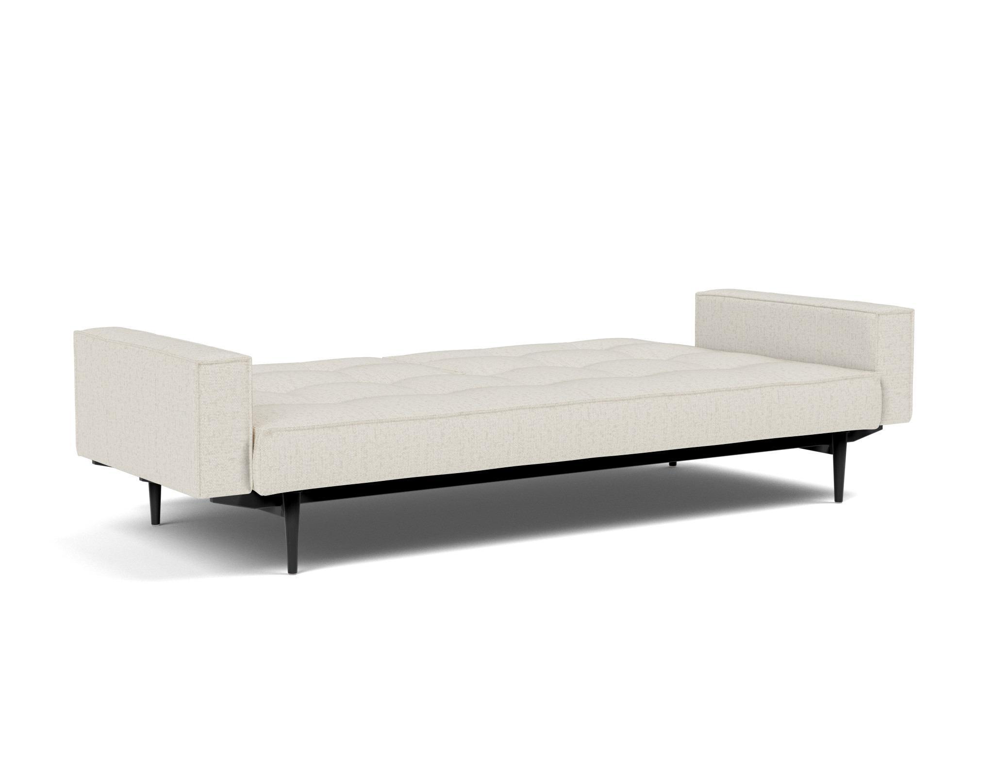 Schlafsofa Splitback mit Armlehnen Boucle Skandi 531-Off-White Beine Styletto Eiche schwarz