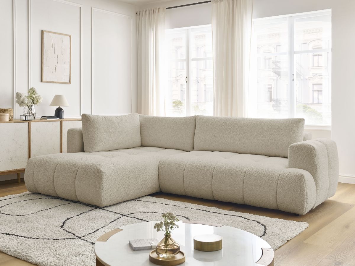 Bobochic Fuji Ecksofa mit Schlaffunktion und Bettkasten 282 × 204 cm Bouclé-Stoff Beige Ecke links