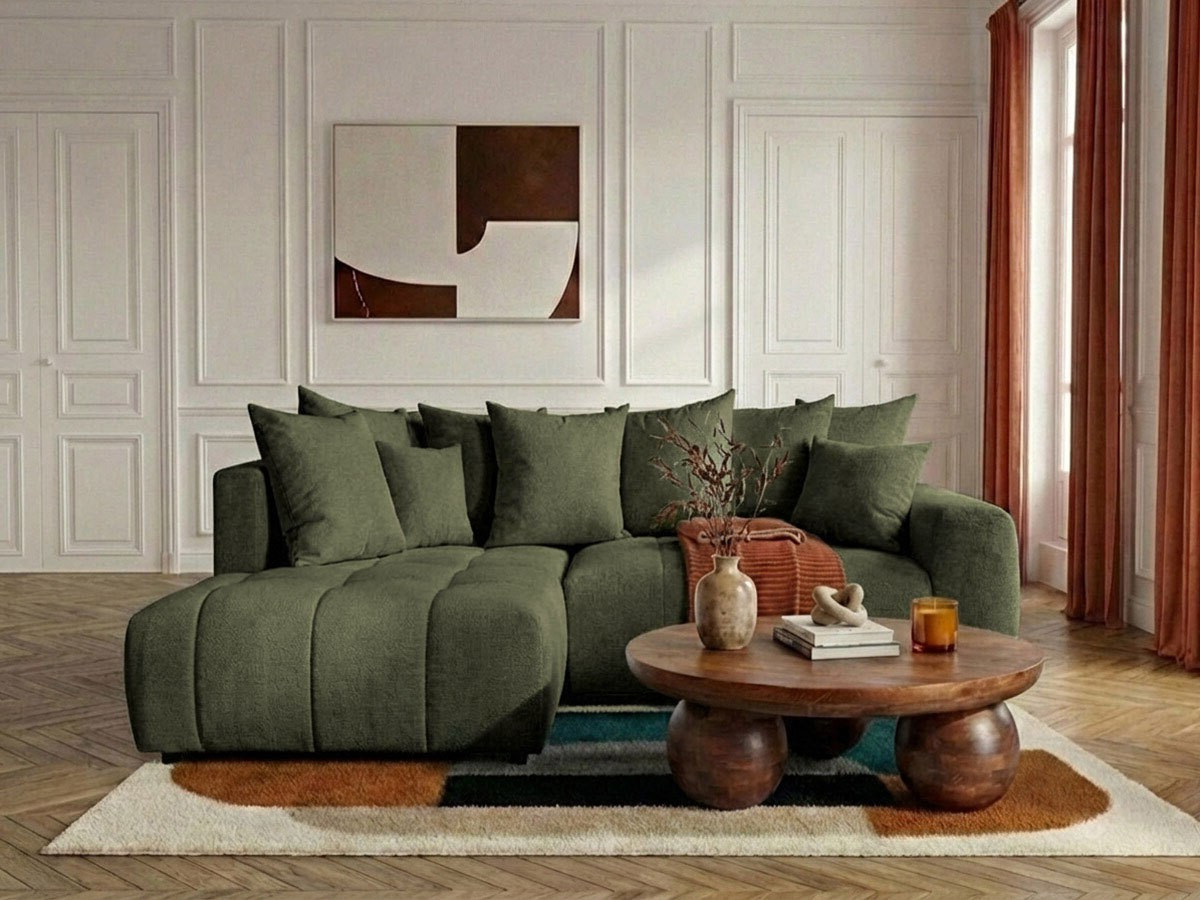 Bobochic Roxelane Ecksofa mit Schlaffunktion und Bettkasten Melange-Stoff Grün Ecke links
