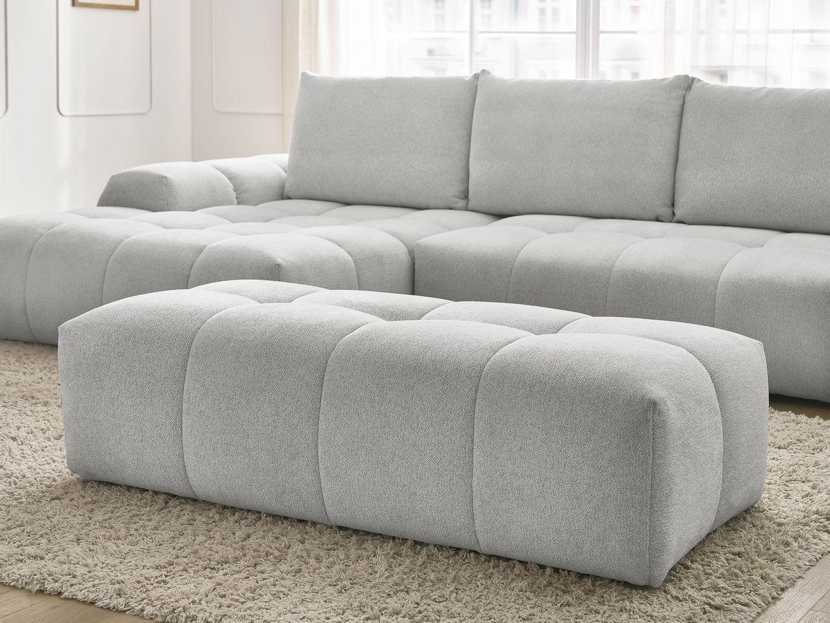 Bobochic Everest Ecksofa mit Schlaffunktion und Bettkasten und Pouf 318 × 180 cm, 3 Kissen Melange-Stoff Hellgrau Ecke links
