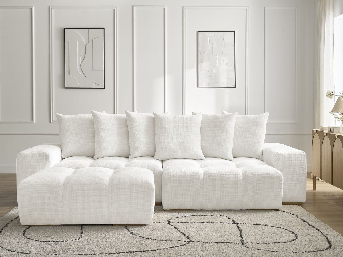 Bobochic Anakin Ecksofa mit Pouf, 6 Kissen Strukturstoff Weiß