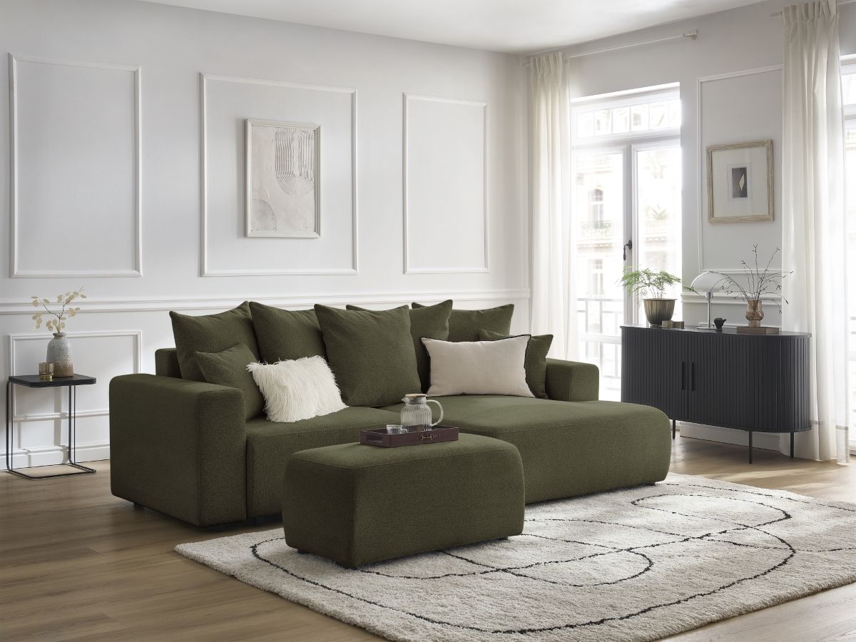 Bobochic Atilla Ecksofa mit Schlaffunktion und Bettkasten und Pouf Melange-Stoff Grün Ecke rechts