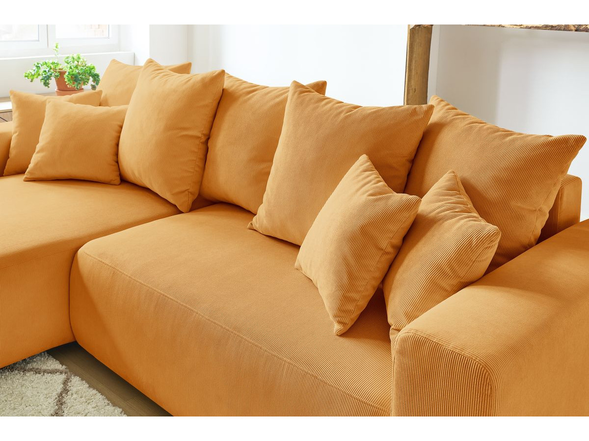 Bobochic Envy Ecksofa mit Schlaffunktion und Bettkasten und Pouf Cordsamt Gelb