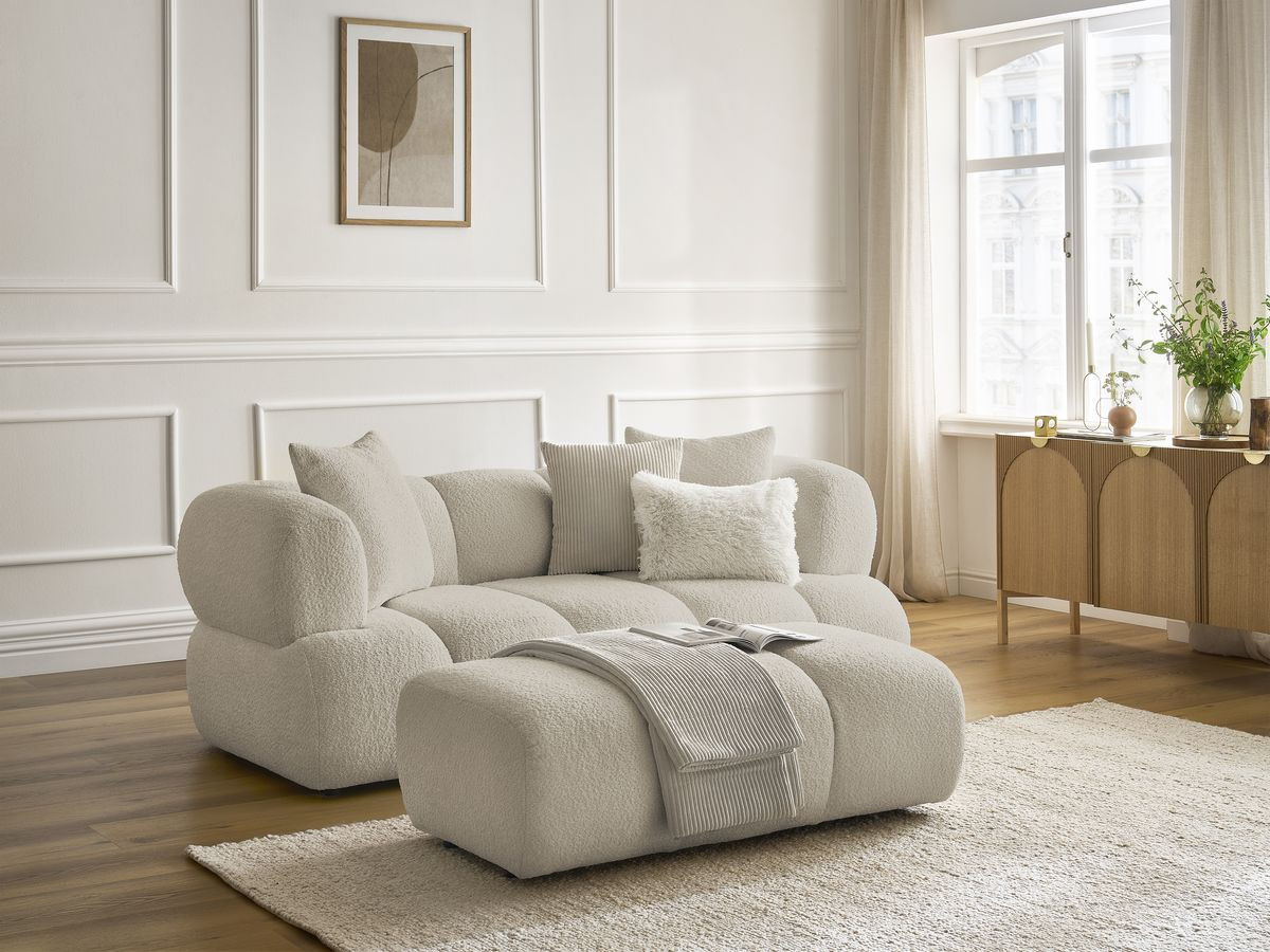 Bobochic Pamira Sofa 2-Sitzer mit Pouf Bouclé-Stoff Beige
