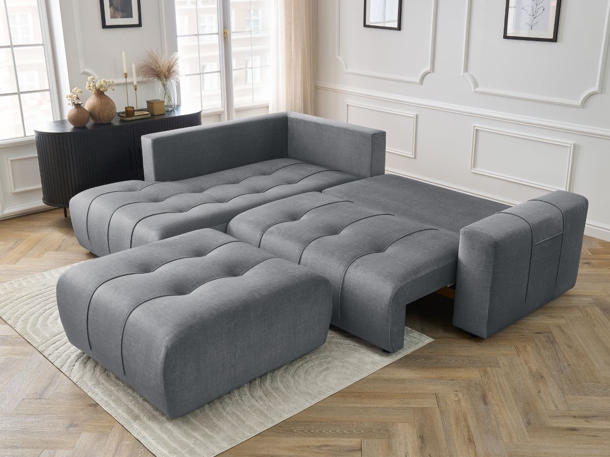 Bobochic Arsene Ecksofa mit Schlaffunktion und Bettkasten und Pouf 277 × 200 cm Samt Dunkelgrau Ecke links