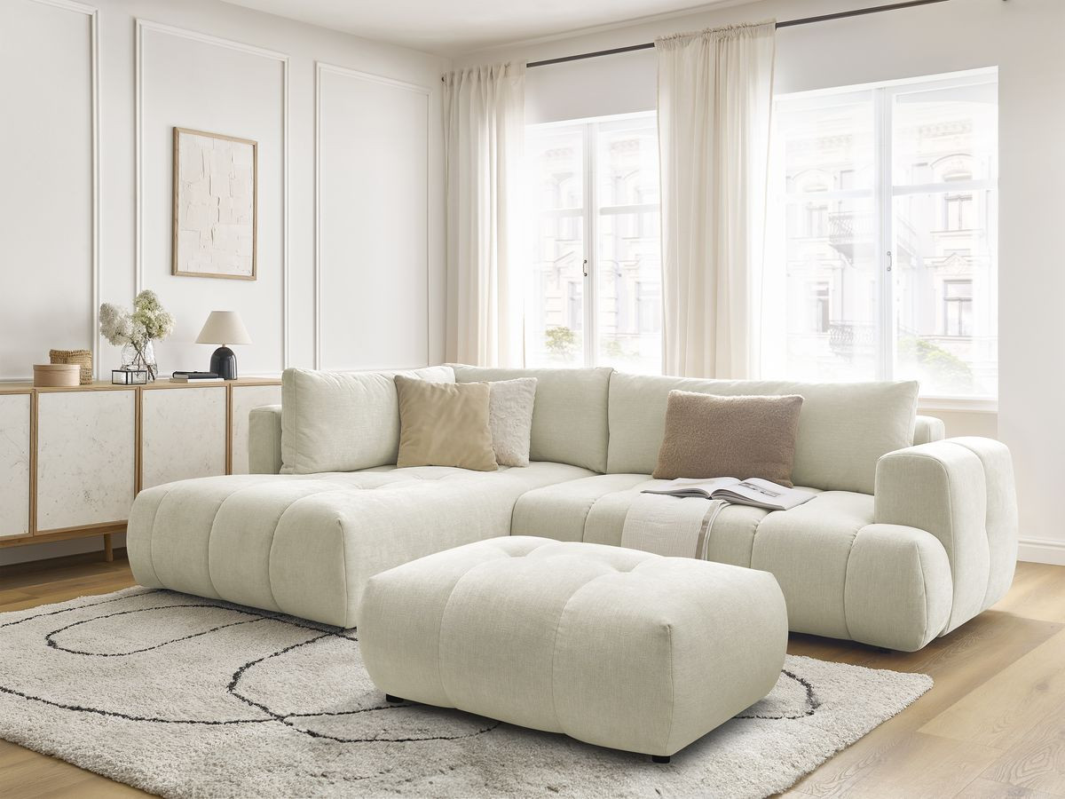 Bobochic Fuji Ecksofa mit Schlaffunktion und Bettkasten und Pouf 282 × 204 cm Stoff Beige Ecke links