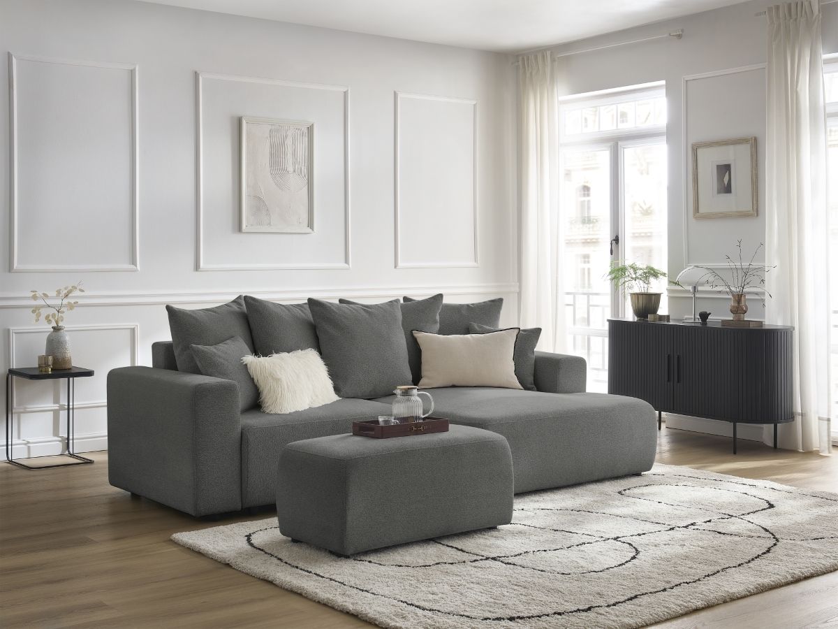 Bobochic Atilla Ecksofa mit Schlaffunktion und Bettkasten und Pouf Melange-Stoff Dunkelgrau Ecke rechts