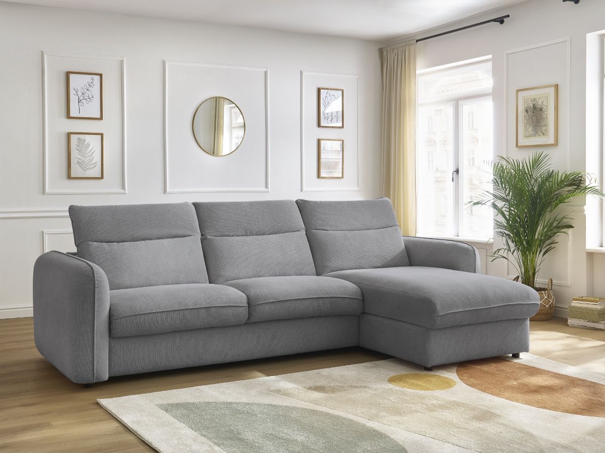 Bobochic Achille Ecksofa mit Schlaffunktion und Bettkasten Melange-Stoff Hellgrau, Liegefläche 160 × 200 cm