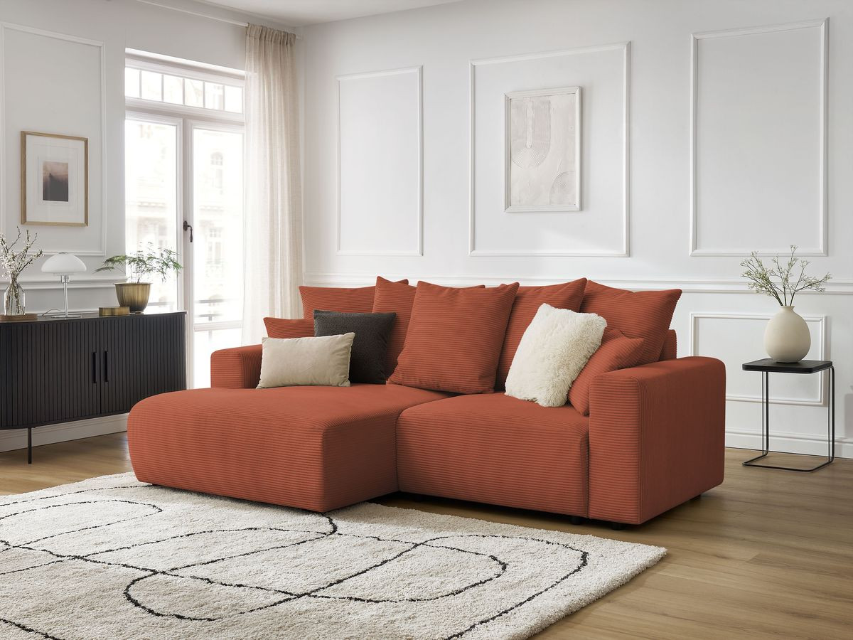 Bobochic Atilla Ecksofa mit Schlaffunktion und Bettkasten Cordsamt Orange Ecke links