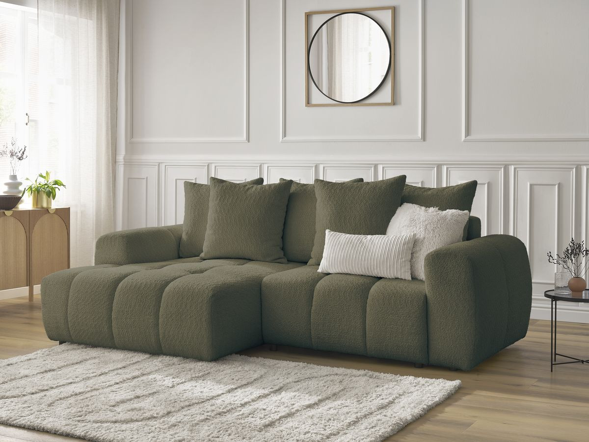 Bobochic Roxelane Ecksofa mit Schlaffunktion und Bettkasten 258 × 150 cm Bouclé-Stoff Grün Ecke links