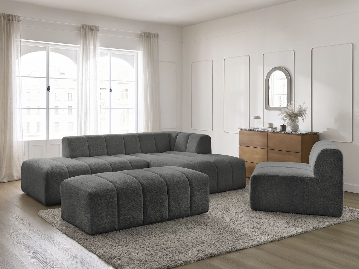 Bobochic Annecy Ecksofa mit Sofamodul und Pouf Bouclé-Stoff Dunkelgrau Ecke rechts