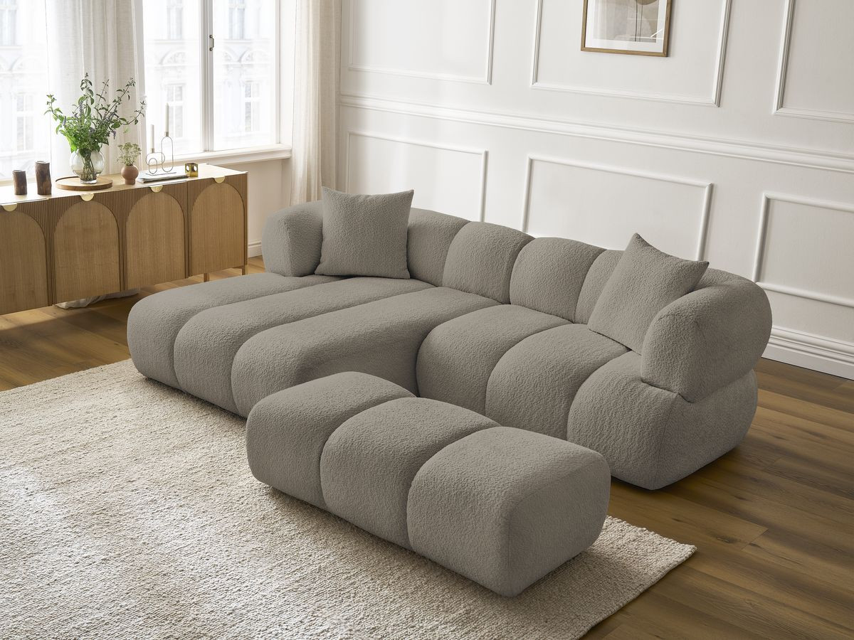 Bobochic Pamira Ecksofa mit Pouf Bouclé-Stoff Taupe Ecke links