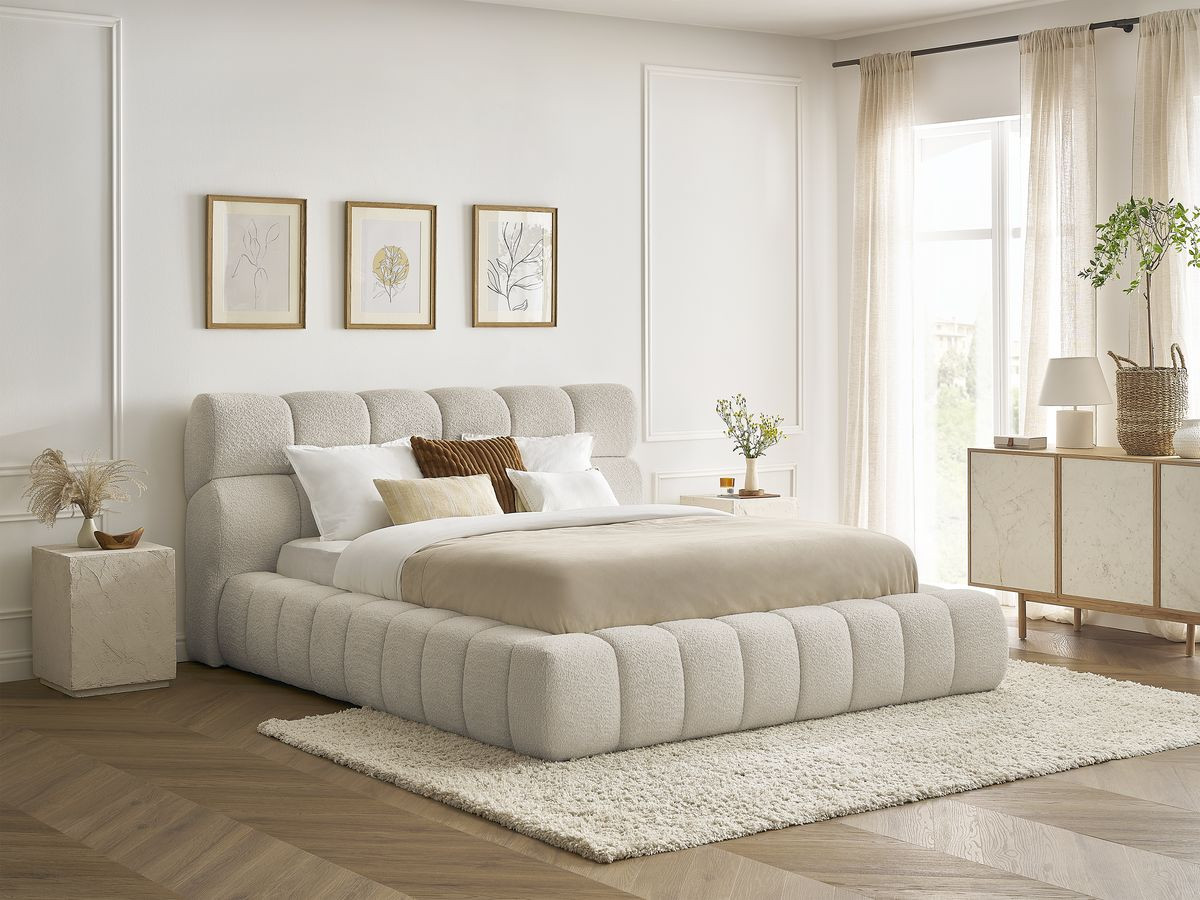 Bobochic Mont-blanc Polsterbett mit Bettkasten Bouclé-Stoff Beige, Liegefläche 140 × 190 cm