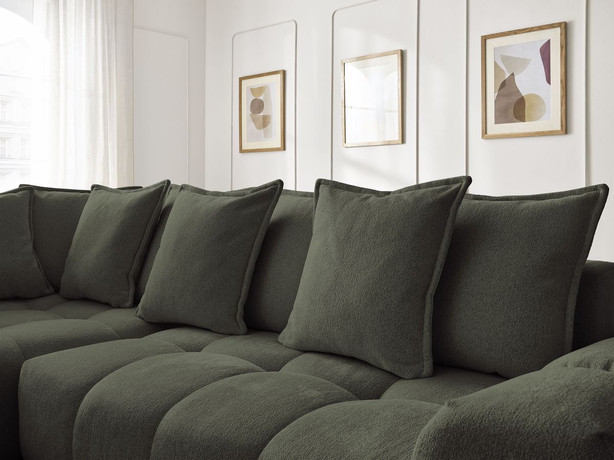 Bobochic Everest Ecksofa mit Schlaffunktion und Bettkasten 320 × 212 cm, 10 Kissen Melange-Stoff Grün Ecke links