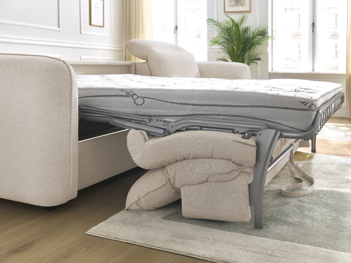 Bobochic Achille Ecksofa mit Schlaffunktion und Bettkasten Melange-Stoff Beige, Liegefläche 160 × 200 cm