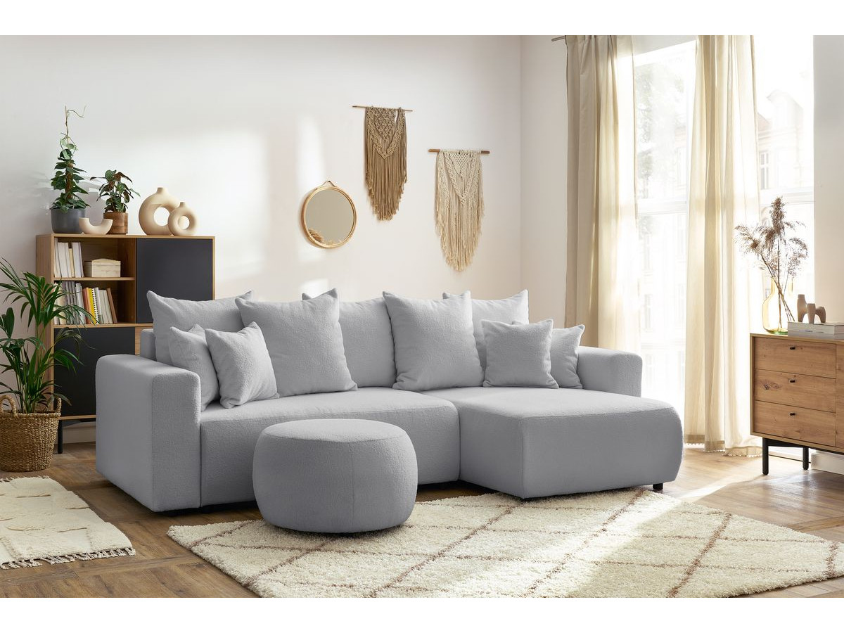 Bobochic Envy Ecksofa mit Schlaffunktion und Bettkasten und rundem Pouf Bouclé-Stoff Hellgrau