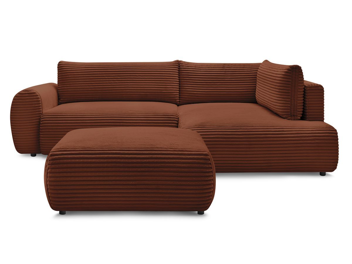 Bobochic Lucien Ecksofa mit Schlaffunktion und Bettkasten und Pouf 296 × 198 cm Breitcord weich Orange Ecke rechts