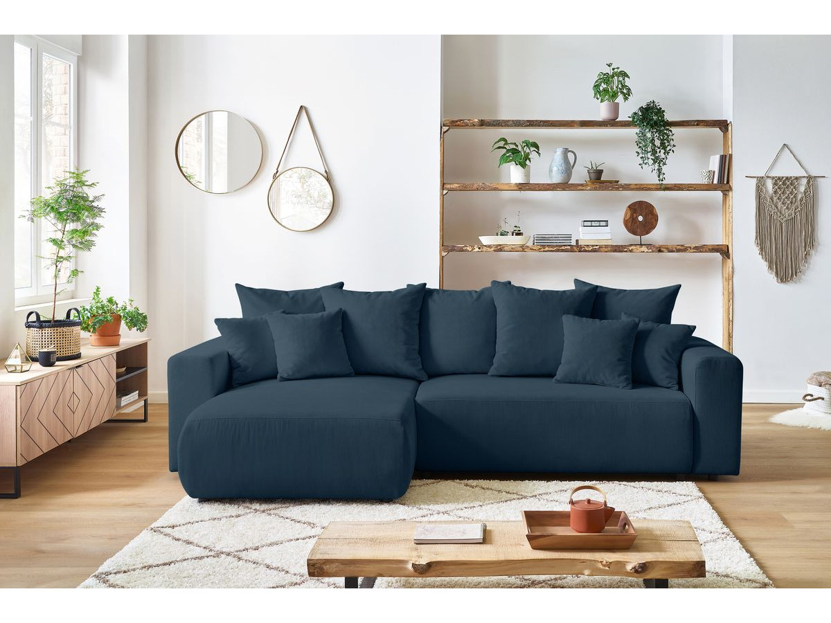 Bobochic Envy Ecksofa mit Schlaffunktion und Bettkasten und Pouf Cordsamt Dunkelblau