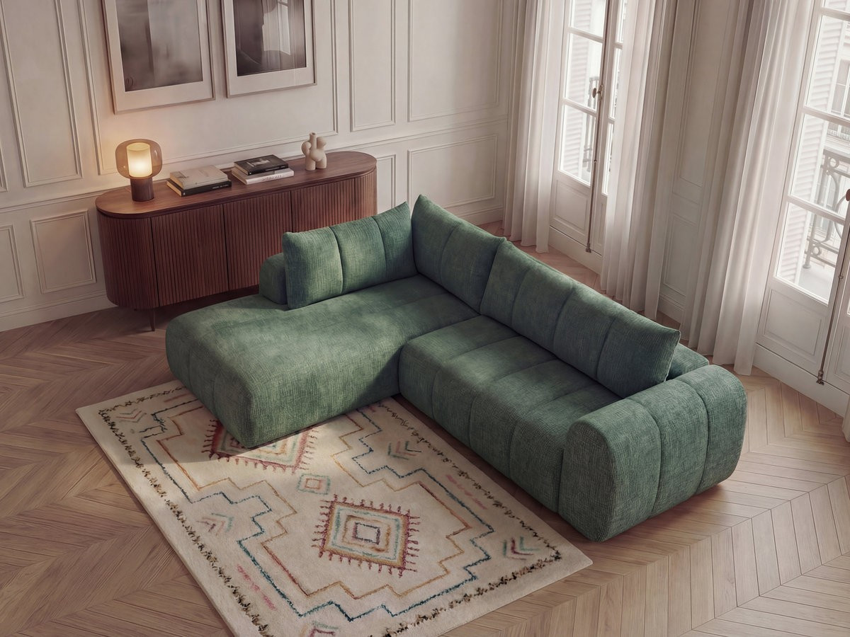 Bobochic Nesty Ecksofa in L-Form, 256 cm Melange-Stoff Dunkelgrün Ecke links