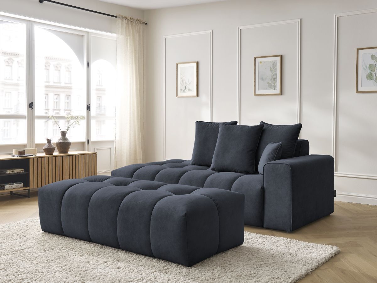 Bobochic Mont-blanc Sofa 5-Sitzer mit Pouf Samt Dunkelblau Armlehne rechts