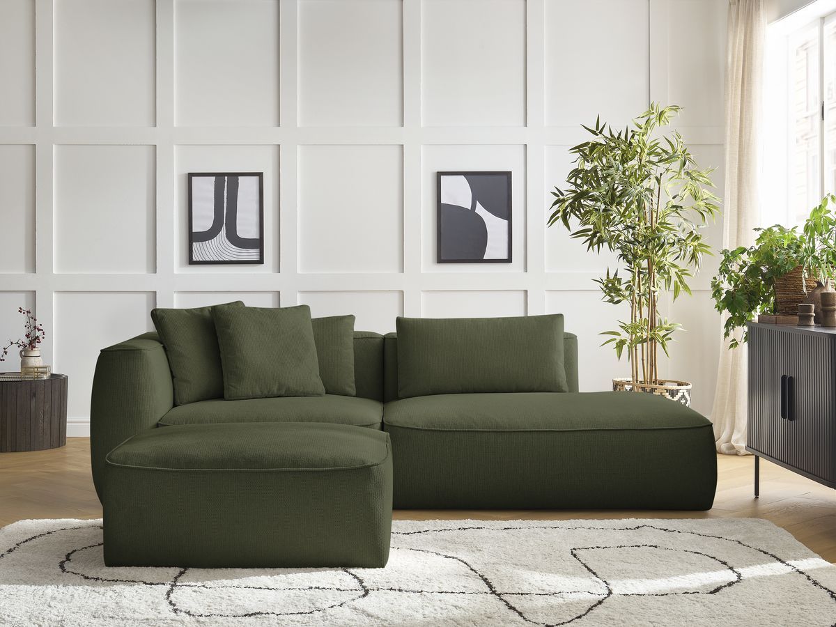 Bobochic Leopold Sofa 4-Sitzer mit Pouf Melange-Stoff Dunkelgrün Armlehne links
