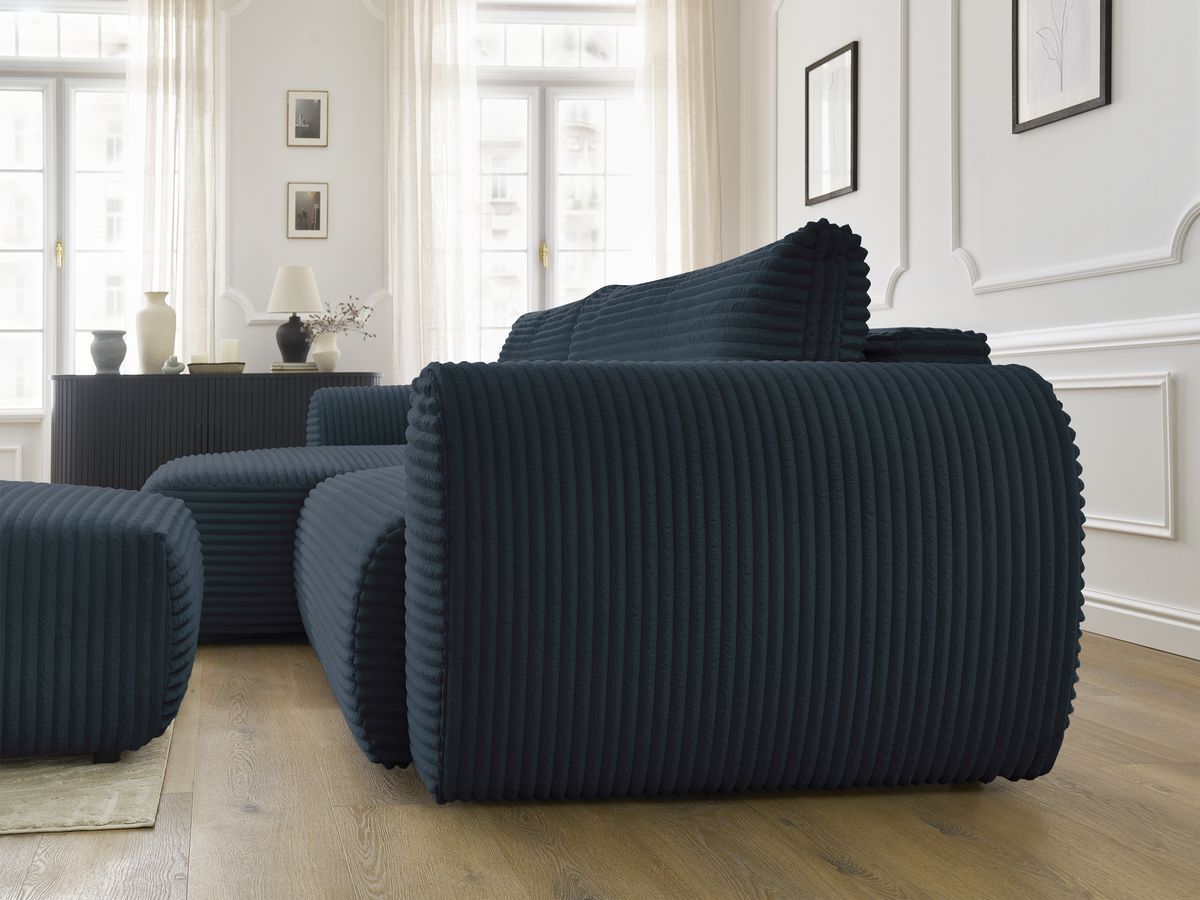 Bobochic Lucien Ecksofa mit Schlaffunktion und Bettkasten und Pouf 314 × 167 cm Breitcord weich Dunkelblau Ecke links