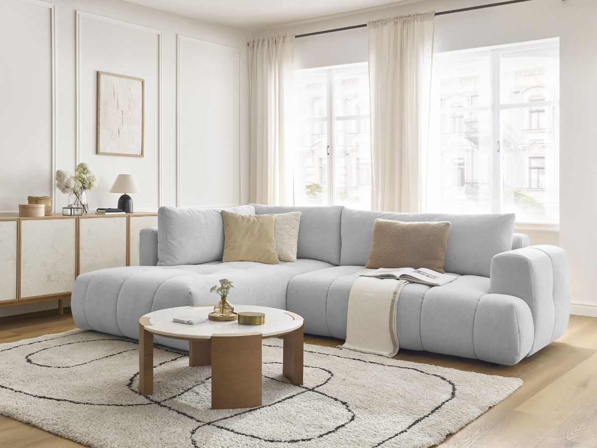 Bobochic Fuji Ecksofa mit Schlaffunktion und Bettkasten 282 × 204 cm Stoff Hellgrau Ecke links