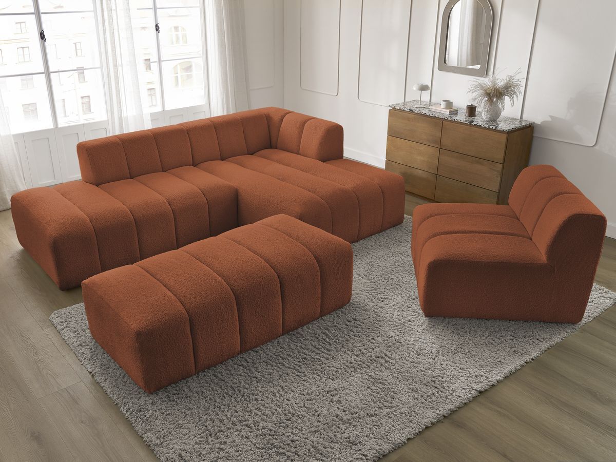 Bobochic Annecy Ecksofa mit Sofamodul und Pouf Bouclé-Stoff Orange Ecke rechts