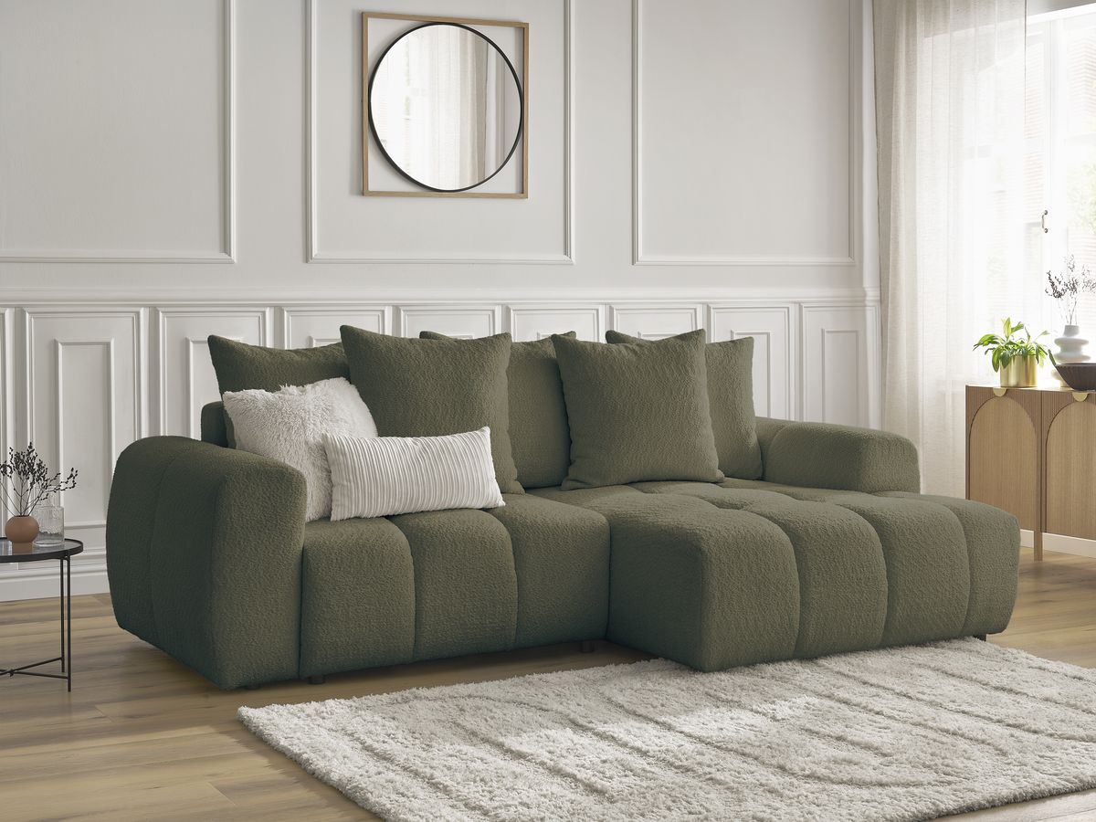 Bobochic Roxelane Ecksofa mit Schlaffunktion und Bettkasten 258 × 150 cm Bouclé-Stoff Grün Ecke rechts
