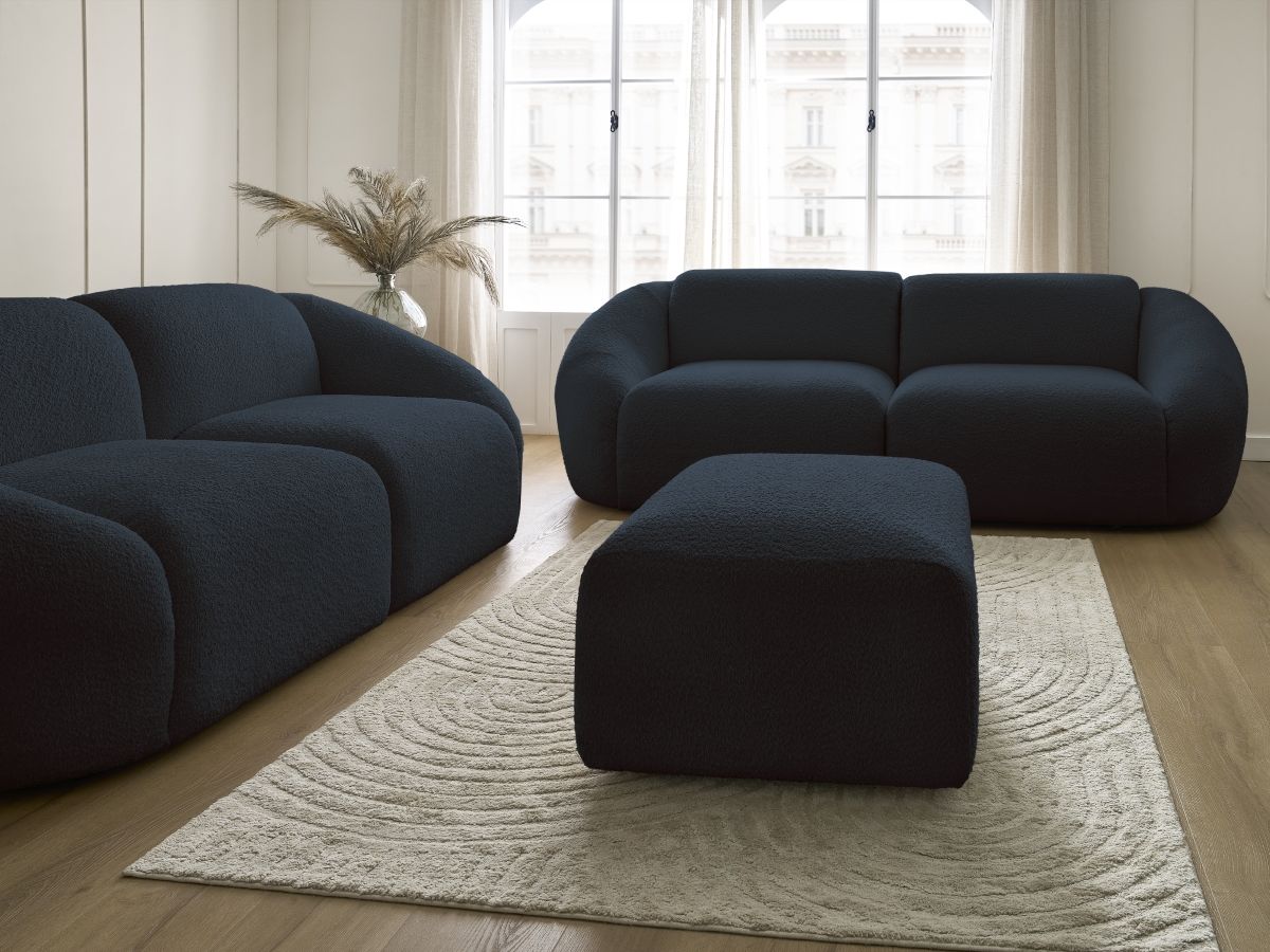 Bobochic Tina Sofa 6-Sitzer mit Pouf Bouclé-Stoff Dunkelblau