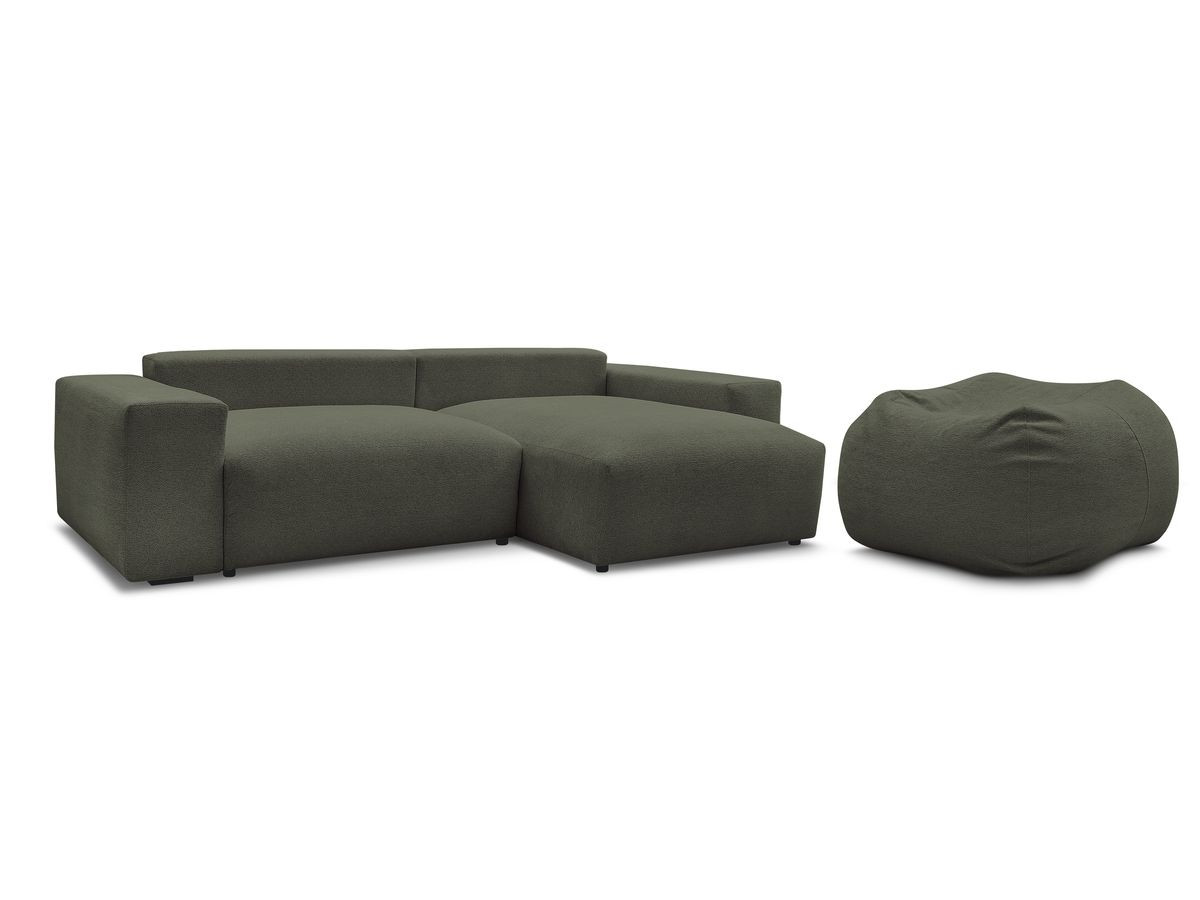 Bobochic Voltaire Ecksofa mit Schlaffunktion und Bettkasten und Pouf Melange-Stoff Grün
