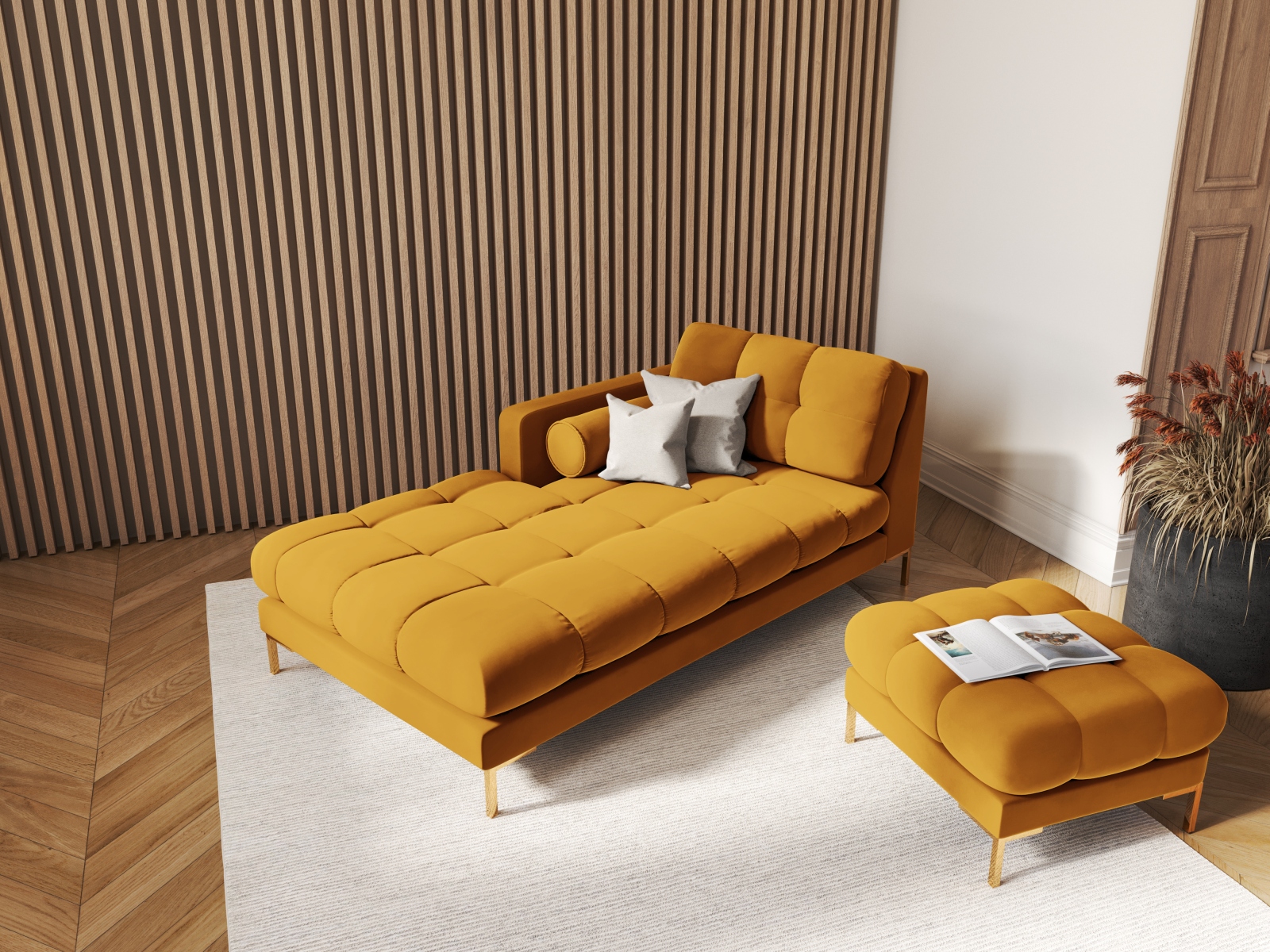 Cosmopolitan Design Chaiselongue Bali Samt Bluvel Gelb Links Beine Gold