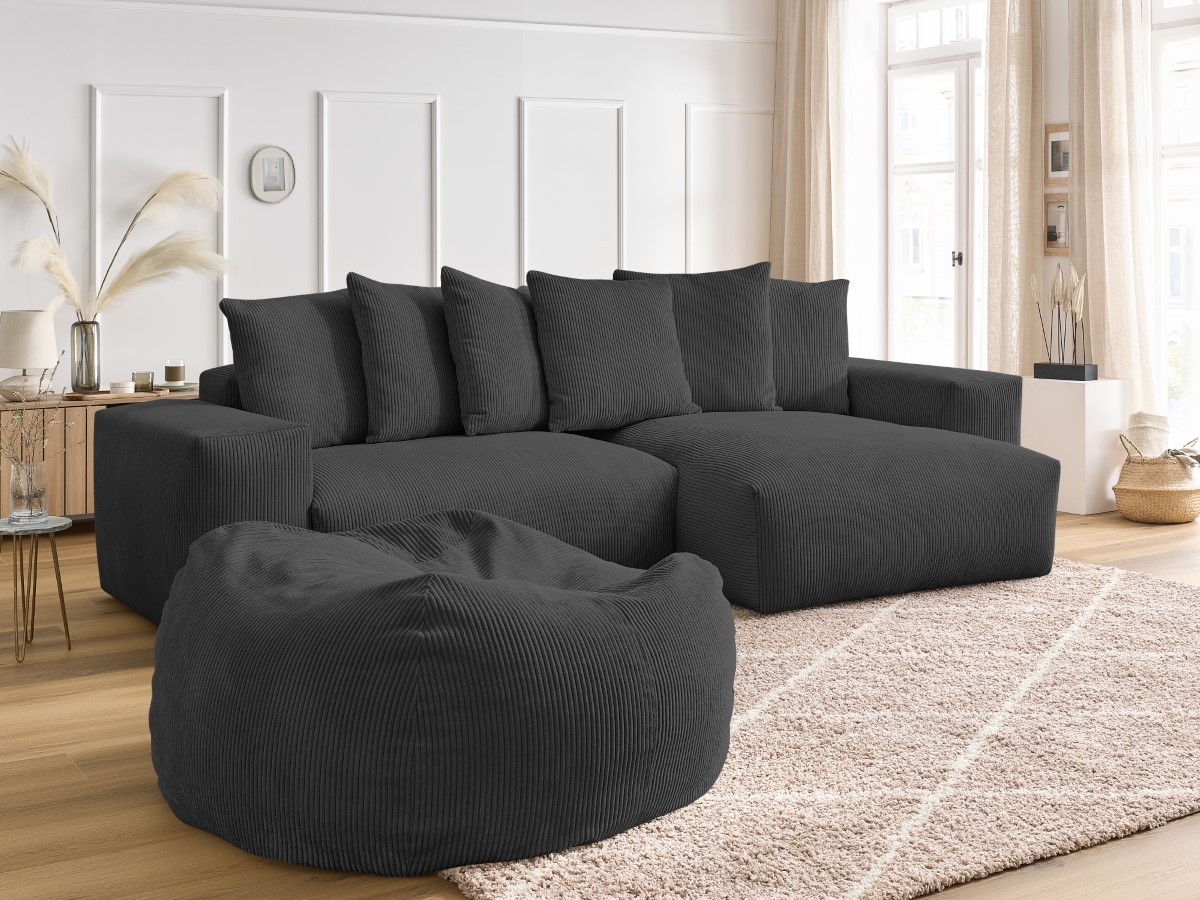 Bobochic Voltaire Ecksofa mit Pouf 310 × 174 cm Cordsamt Dunkelgrau