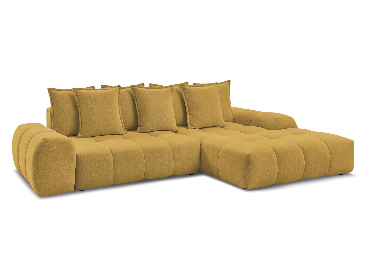 Bobochic Everest Ecksofa mit Schlaffunktion und Bettkasten 318 × 180 cm, 7 Kissen Melange-Stoff Gelb Ecke rechts