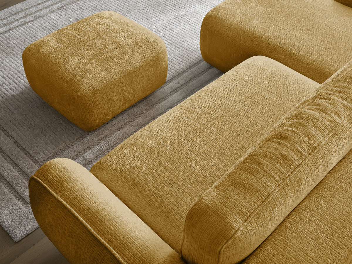 Bobochic Denise Ecksofa mit Schlaffunktion und Bettkasten und Pouf 258 × 160 cm Strukturstoff Gelb Ecke links