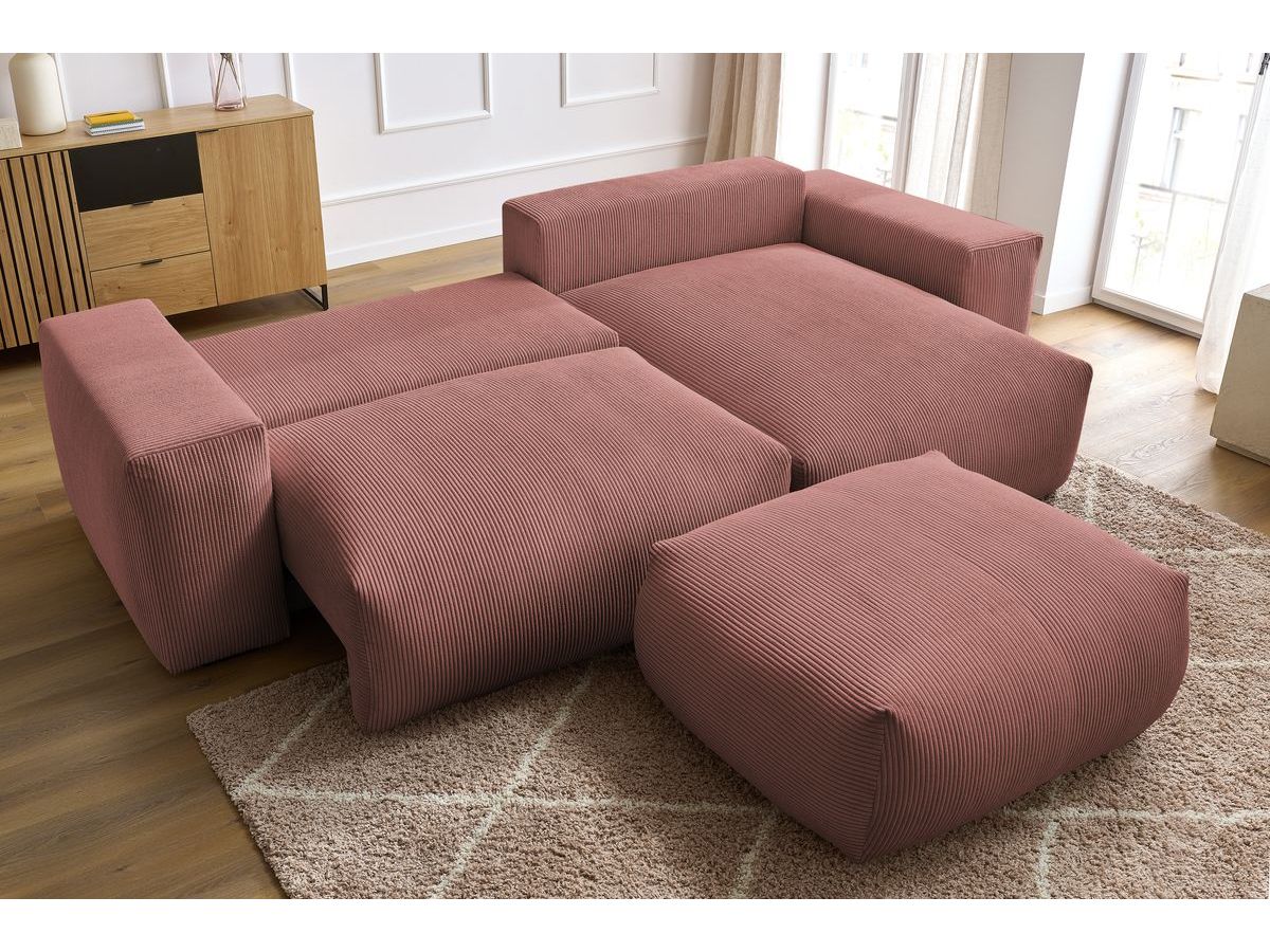 Bobochic Voltaire Ecksofa mit Schlaffunktion und Bettkasten und Pouf Cordsamt Rosa