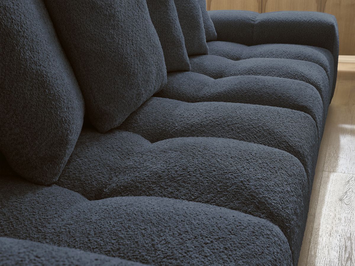 Bobochic Anakin Schlafsofa 3-Sitzer mit Bettkasten, 6 Kissen Bouclé-Stoff Dunkelblau