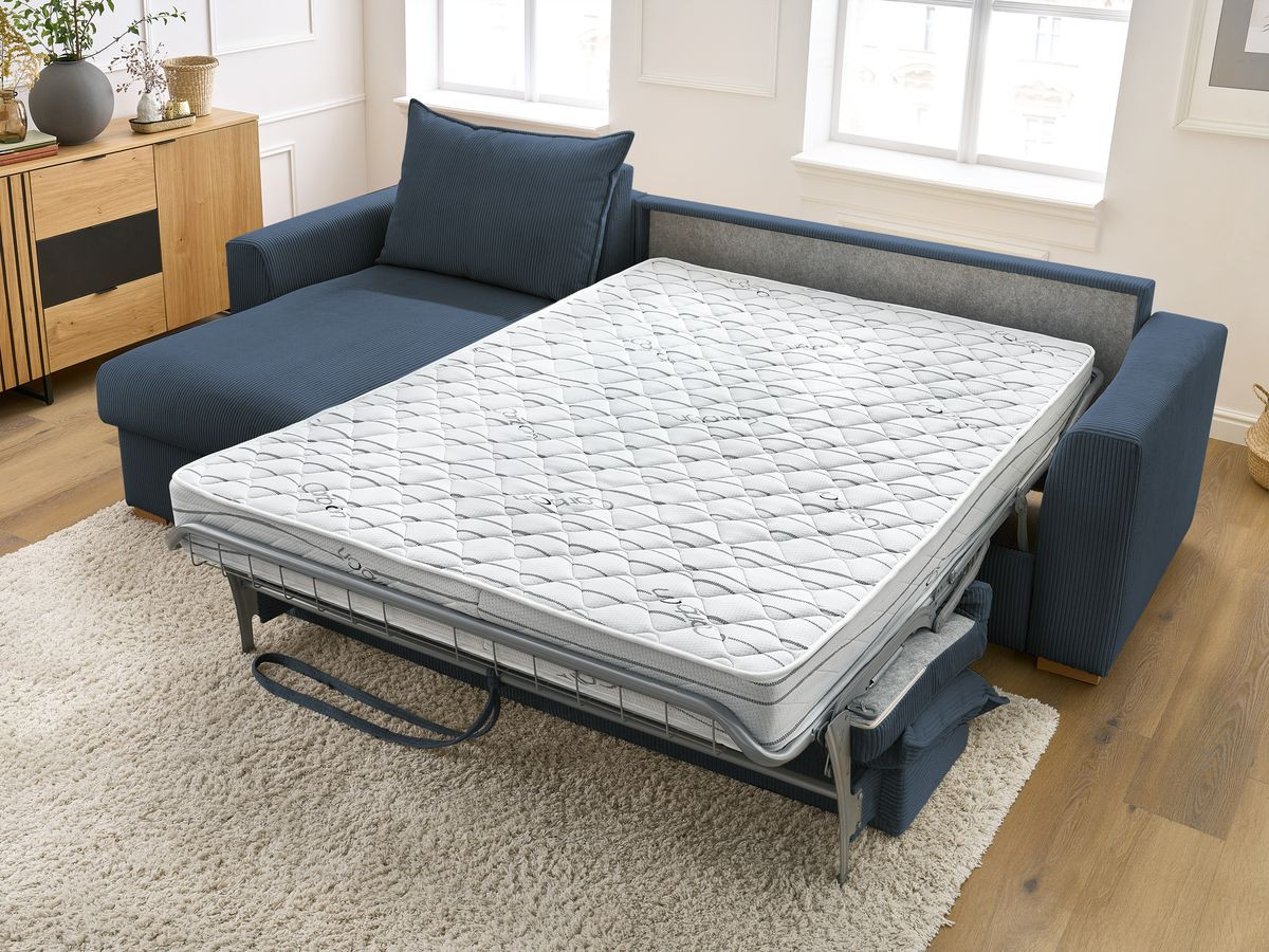 Bobochic Augustin Ecksofa mit Schlaffunktion und Bettkasten Cordsamt Dunkelblau, Liegefläche 160 × 200 cm