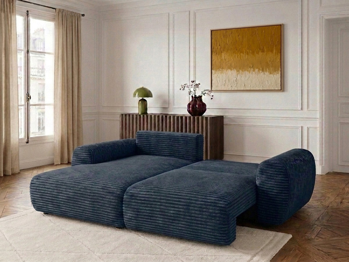 Bobochic Lucien Ecksofa mit Schlaffunktion und Bettkasten Breitcord weich Dunkelblau Ecke links